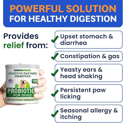 BARK&SPARK Dog Probiotics & Digestive Enzymes (Gut Health) Allergy & Itchy Skin - Pet Diarrhea Gas Treatment Upset Stomach Relief Pill, Digestion Health Prebiotic Supplement Tummy Treat (120Ct Bacon)