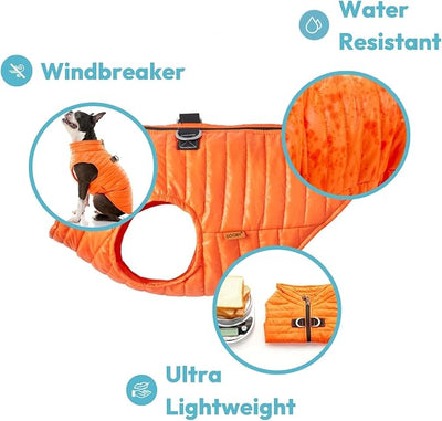 Gooby Puffer Vest - Orange, X-Large - Ultra Thin Zip Up Wind Breaker with Dual D Ring Leash - Water Resistant Small Dog Sweater Coat - Dog Clothes for Small Dogs or Medium Dogs