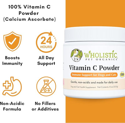 Wholistic Pet Organics Vitamin C Powder for Dogs & Cats - Cat & Dog Allergy & Itch Relief - Vitamin C Immune Support Supplement - Itchy Skin Support for Seasonal Dog Allergy Relief - 8 oz - 227 Scoops