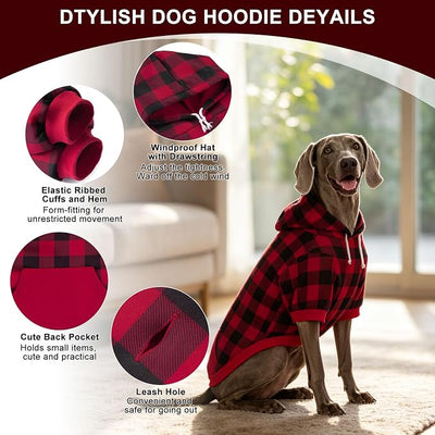 EXPAWLORER Plaid Dog Hoodie - British Style Warm Dog Sweater Shirt with Leash Hole,Pitbull Clothes Outfits,Winter Coat Apparel for All Breeds Puppy Girl Boy-Cat Apparel,Buffalo Check Large
