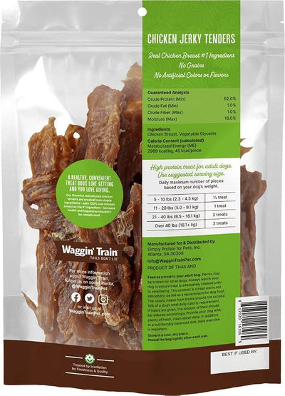 Waggin' Train Chicken Jerky Dog Treats, Made with 100% Real Chicken Breasts, Only Two All-Natural Ingredients, Great High Protein Dog Treat, Easily Digestible for Big or Small Dogs, 36 oz. Pouch