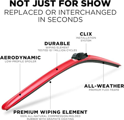 ClixWipers 20" + 16" (Set of 2) Red All Weather Premium Automotive Replacement Windshield Wiper Blades, Passenger and Driver Side Winter Wiper Blades for Various Car Models
