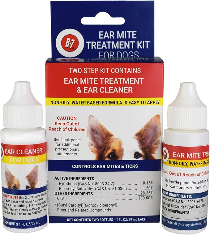 Miracle Care R7 Ear Mite Treatment and Ear Cleaner Kit for Dogs, 1 Ounce Bottles of Each, Controls Ticks and Mites