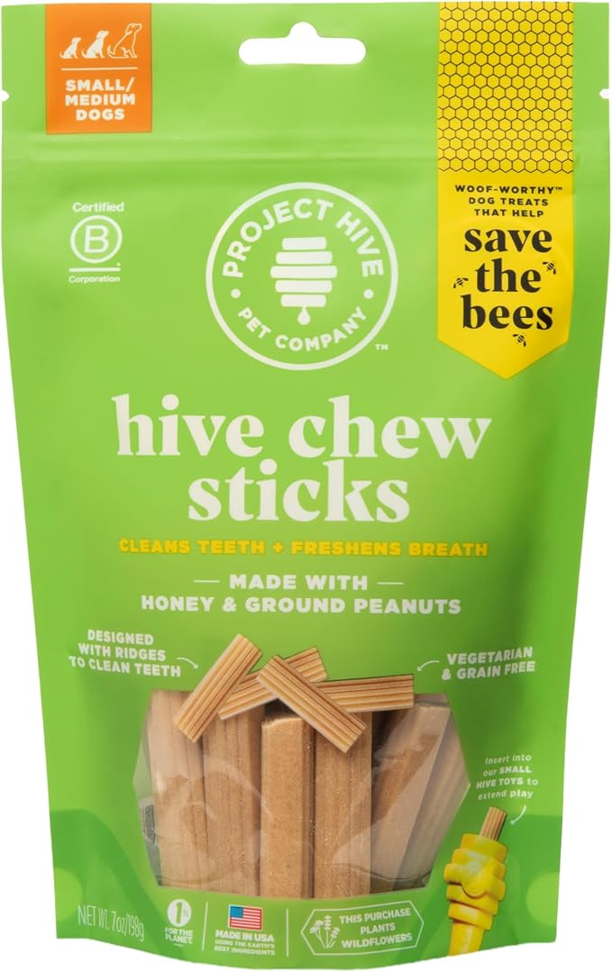 Hive Chew Sticks - Dental Treats for Dogs - Vegetarian, Made with Ground Peanuts & Honey, No Grain or Soy, Cleans Teeth & Freshens Breath (7 oz, Small Dogs - Peanut Butter)