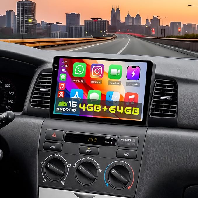 4+64GB Android 15 Car Stereo for Toyota Corolla EX 2005-2012 Wireless Carplay Android Auto, 9 Inch Incell Touch Screen Car Stereo with GPS, Backup Camera, Bluetooth, FM/RDS, EQ, WiFi, SWC