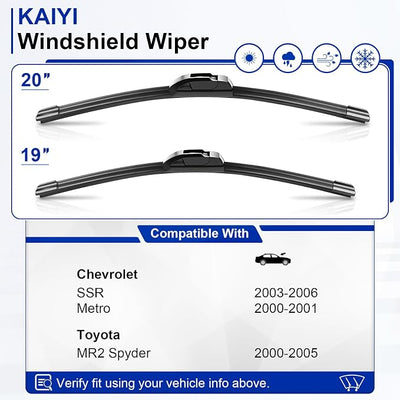 KAIYI 20" + 19" Windshield Wipers Compatible with Chevrolet SSR 2003-2006,Metro 2000-2001,Toyota MR2 Spyder 2000-2005 Premium Automotive Replacement Windshield Wiper Blades 2 Pack