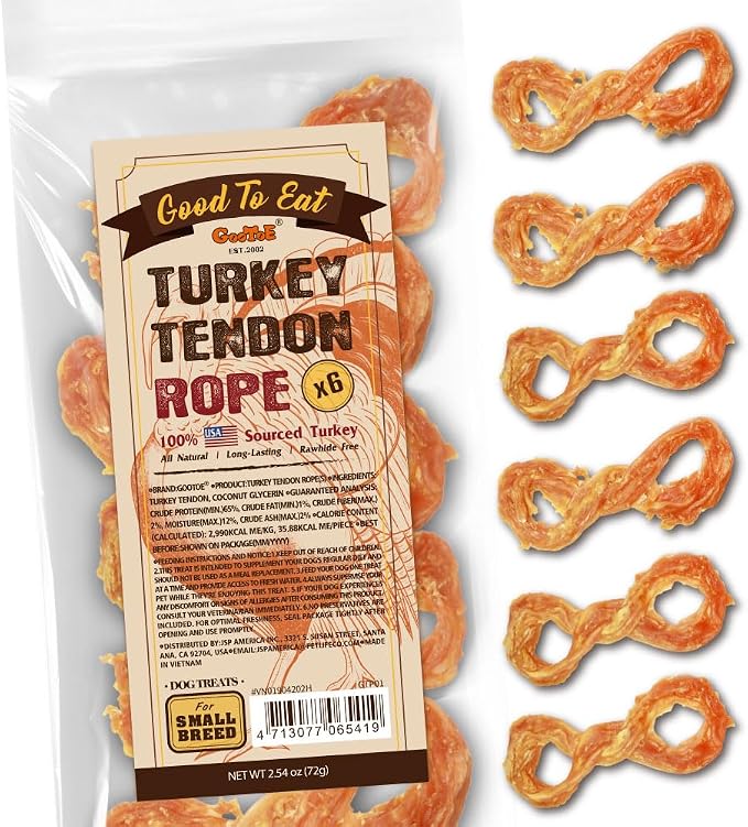 Turkey Tendons for Dogs – All-Natural, Hypoallergenic Dog Treats, Rawhide Alternative, Long Lasting Puppy Chews, Healthy Dog Treats for Small Breeds, Rope (S), 6 Count Pack