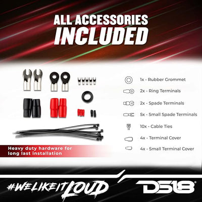 DS18 AMPKIT0 0 Gauge CCA Complete Amp Wiring Kit - Amplifier Install Wiring 1/0 Ga Amp Kit Pro Installation Cables Up to 3500 Watts with ANL Fuse Holder 250A