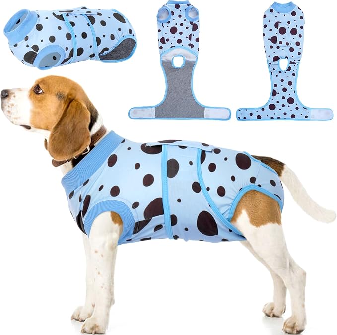 Dog Surgery Suit, Soft Dog Spay Recovery Suit Female, Anti Licking Neuter Recovery Suit for Male Dogs, Post-Op Pet Surgical Suit Protective Wear E-Collar & Cone Alternative,Blue Polka Dots L