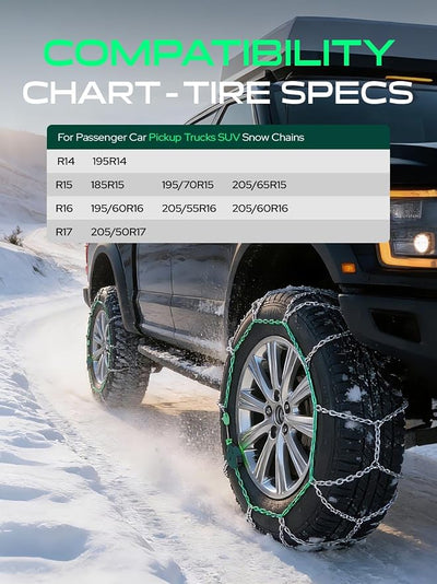 YHTAUTO Set of 2 Snow Chains 12mm for Pickup Truck SUV Passenger Car Universal Fit Tire Chains Auto-Tightening Quick Installation, Anti-slip Traction in Snow, Mud, Sand | SWC0010