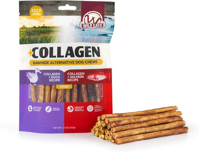 Wild Eats Duck and Salmon Collagen Sticks for Dogs (25 Pack) Long Lasting Dog Chews, No Hide Dog Treat Bully Stick Alternative, Rawhide Free, Grain Free, High Protein