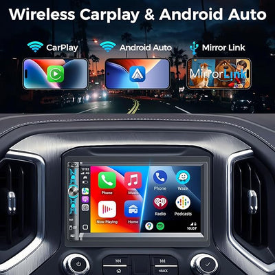 7" Double Din Car Stereo with Wireless Apple CarPlay & Android Auto, Bluetooth, 240W Output, SWC, Dual Subwoofer Support, Mirror Link, FM/AM Radio Receiver, USB-C/AUX/TF Ports,Backup Camera