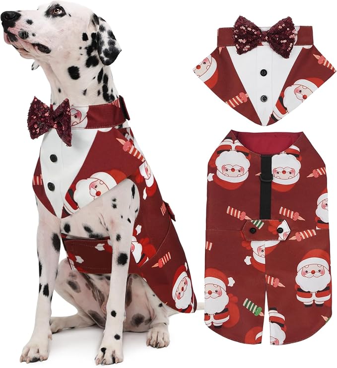 Christmas Dog Tuxedo Dogs Suit and Bandana Set, Santa Claus Doggy Christmas Outfit Adjustable Pet Xmas Costume with Bow Tie for Large Medium Small Dogs Golden Retriever Samo Bulldogs, Red 2XL