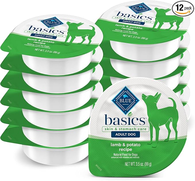 Blue Buffalo Basics Adult Small Breed Grain-Free Wet Dog Food for Skin & Stomach Care, Limited Ingredient Diet, Lamb Recipe, 3.5-oz. Cups (12 Count)