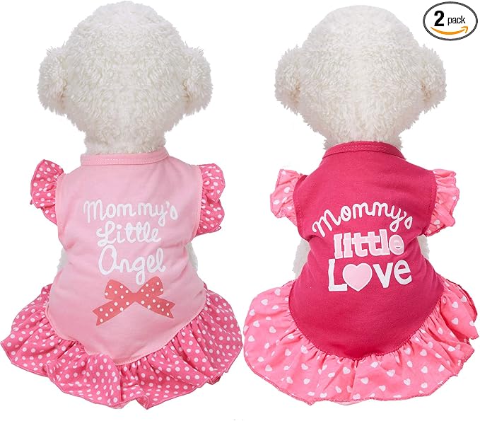 2 Pieces Dog Dresses for Dogs Cute Girl Female pet Dress Mommy Puppy Shirt Skirt Dresses Pet Summer Clothes Apparel for Cats(Love and Angel,Large)