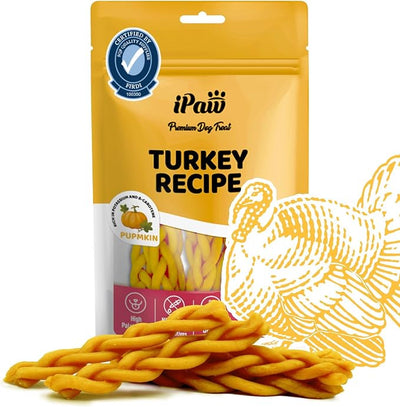 iPaw Turkey Dog Treats, SQF Certified Human Grade Dog Treat, Suitable for Training Chew, Hypoallergenic, Rawhide Alternative, Braided Stick (Pumpkin)