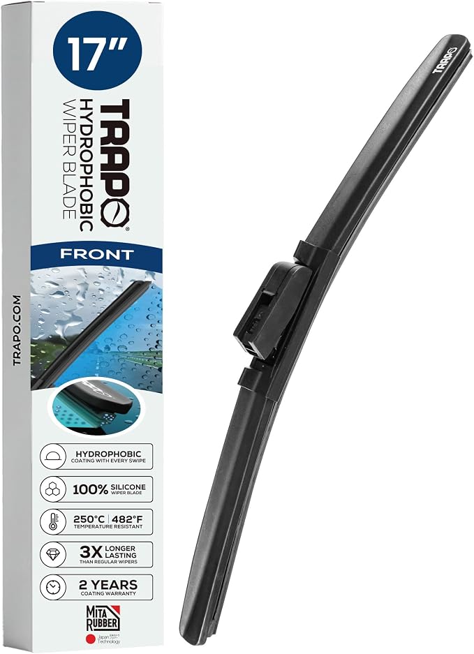 17” Hydrophobic Front Windshield Wiper Blade - Universal Fit for Most Vehicles - Durable & Silicone - Strong Water-Repellent Coating - Prevents Water Build-Up - Quick & Easy Install - 1 Blade
