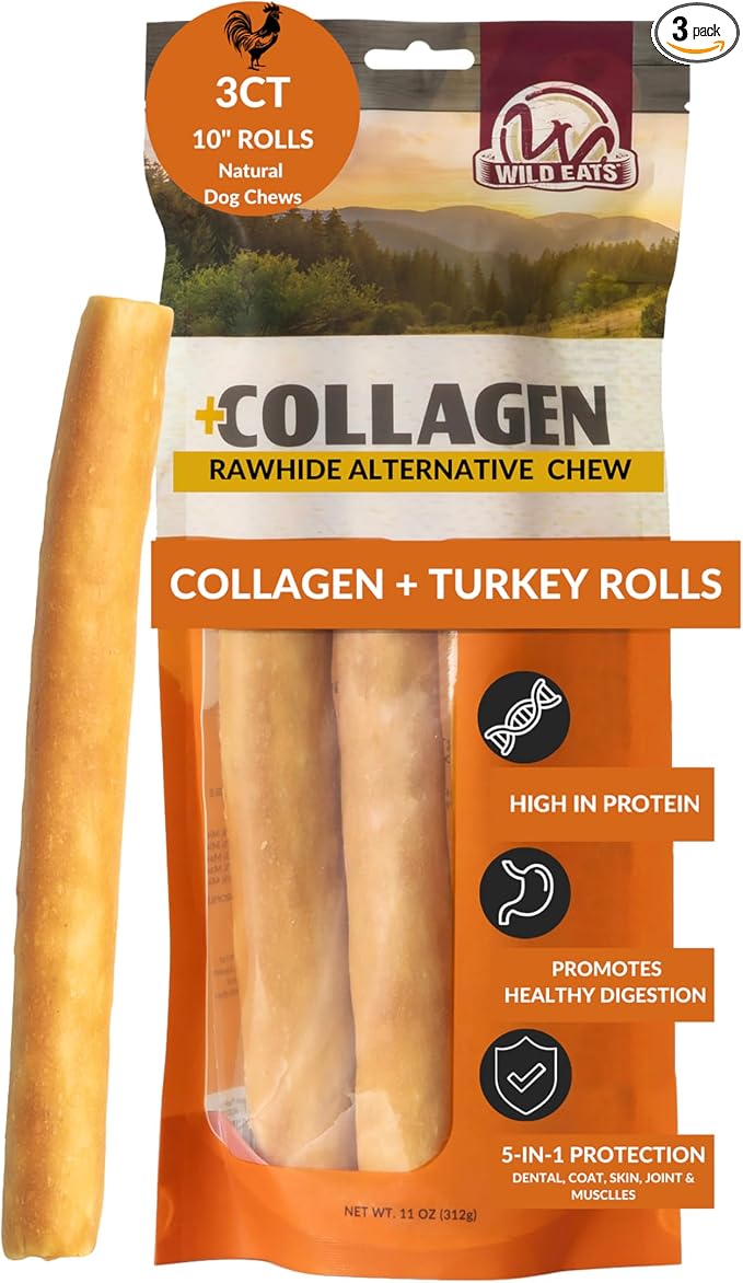 Turkey Flavor Collagen Retriever Style Cheek Rolls 10" Dog Chews-3 Pack (Long Lasting Dog Chews Treats & Bones for Medium Dogs) Substitute for Pig Ears for Dogs
