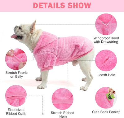 SCENEREAL Fleece Dog Sweaters Hoodie for Small Medium Large Dogs Girls Boys, Plush Fuzzy Dog Clothes Hoodies with Leash Hole, Winter/Fall Puppy Cold Weather Coat, Sherpa Hooded Sweatshirt, Rose Red L
