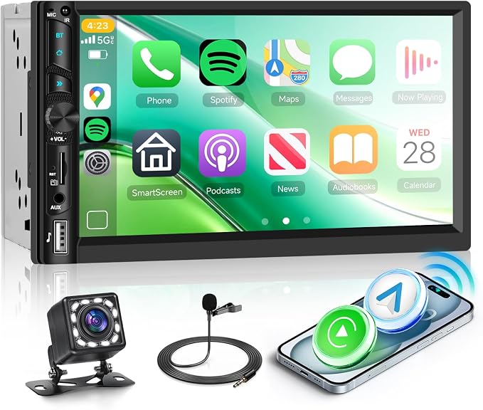 Double Din Car Stereo Radio with Wireless CarPlay Android Auto, 7 Inch HD Touch Screen Car Play Audio Receivers with Bluetooth, HD Backup Camera, FM, Mirror Link, USB/Type C/TF/AUX/SWC