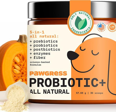 5-in-1 Dog Probiotic Powder – 100% Natural Gut Health Support with Prebiotics, Postbiotics & Enzymes - Made in USA – 30 Scoops