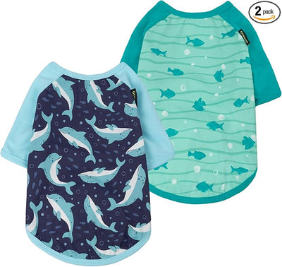 Fitwarm 2 Pack Dolphin & Fish Dog Shirt, Hawaiian Summer Clothes for Small Dogs Boy Girl, Lightweight Pet Outfit, Tea Blue, Green, Large