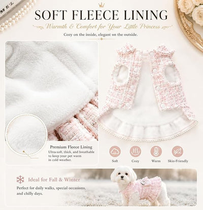 Spring Fall Winter Small Dog Tweed Princess Dress White Pearl Design, Warm Fleece Dog Coat for Girls, Cute Puppy Clothes with Bow Flower, Luxury Chanel Style Pet Outfit for Cats & Dogs(XL)