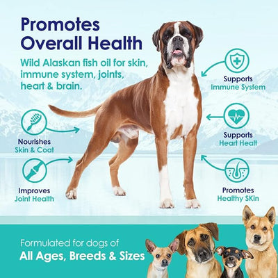 Pure Wild Alaskan Salmon Oil for Dogs, Omega 3 Fish Oil Supplement for Healthy Skin & Shiny Coat, Prevents Itchy Skin, Skin Allergies & Shedding, 120 Soft Capsules