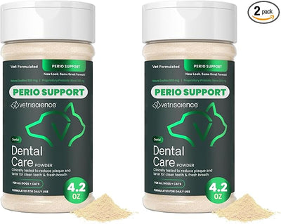 VetriScience Dental Care Powder,Perio Support Clinically Tested Dental Supplement for Small,Medium and Large Breed Dogs,Freshen Breath,Control Plaque and Tartar,Oral Health,4.2 oz,(Pack of 2)