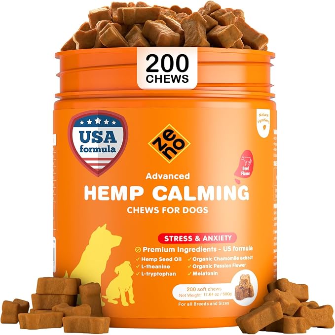 ZENO Hemp Calming Chews for Dogs Anxiety 200 pcs - Beef Flavored - Dog Anxiety Relief - Calming Chews - Melatonin for Dogs - for Stress, Travel, Check-up, Barking or Grooming - Dog Calming Treats