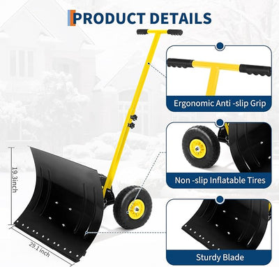 Snow Shovel for Driveway with Wheels, 29.1" W x 19.3" H, Heavy Duty Snow Pusher, Snow Plow Shovel Rolling, Adjustable Angle & Height Carbon Steel Metal Blade, for Snow Removal Clear, for Garden, Deck