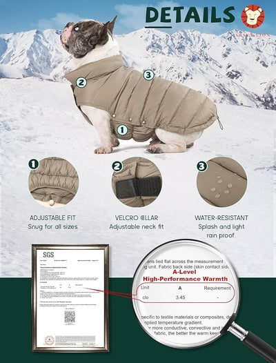 SPACE LION Dog Puffer Jacket, Down Winter Coat, Durable Outdoor Coat for Cold and Windy Conditions, Lightweight & Adjustable Fit Coats for Large Dogs, (Camel, Size28/4XL)
