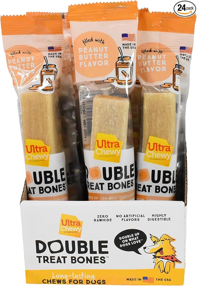Ultra Chewy Peanut Butter Double Treat Bones: Long-Lasting Dog Treats Made in USA for Large and Small Breeds, Highly Digestible, Ideal for Aggressive Chewers (24 Count)