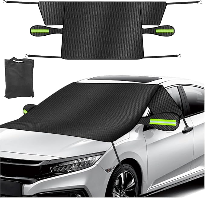 Car Windshield Ice Snow Cover with Magnetic Edges, Heavy Duty Oxford Fabric Windscreen Protector Cover with Side Mirror Covers, Winter Waterproof Frost Cover for Car Truck SUV RV (Green)