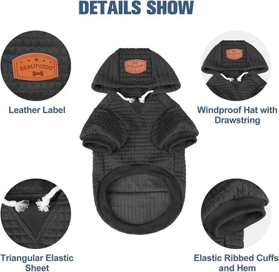 BEAUTYZOO Small Dog Hoodie Sweater with Pockets, Dog Clothes for Small Medium Dogs Boy Girl, Waffle-Like Laminated Cotton Pet Coats with Hat and Leash Hole, Black XL