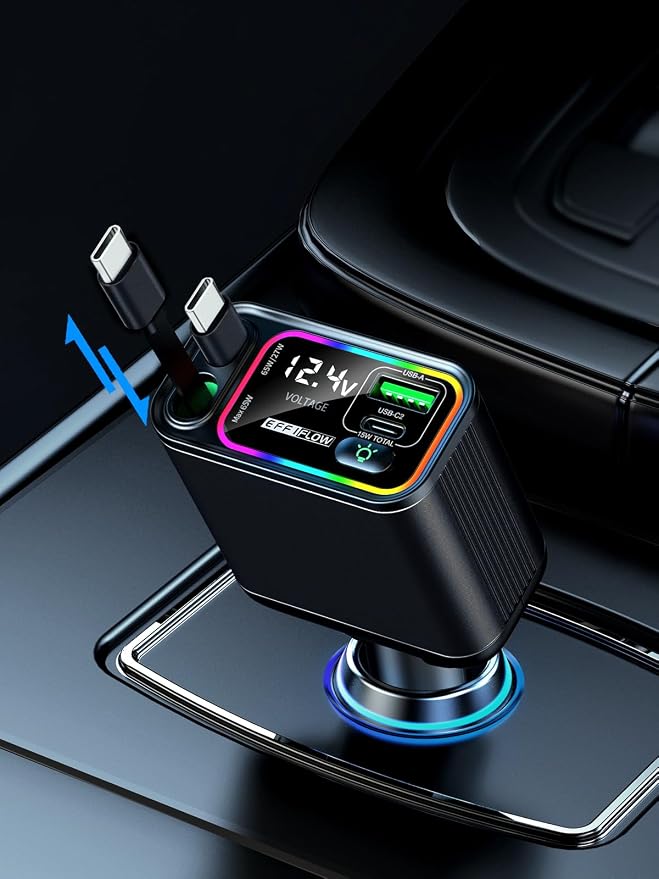 Dual Retractable Car Charger USB C, 145W Fast Charging Type C Car Charger with Retractable Cable, Compatible with iPhone 17/16/15/Air, Samsung S25/24/23/22, Pixel 9/8/7 - Black