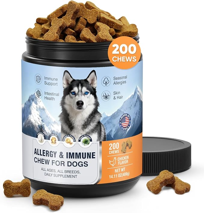 Dog Allergy Chews 200 Ct, Itch Relief for Dogs Immune Support Colostrum Probiotics & Omega 3 for Seasonal All Issues Allergies Skin & Coat, Itchy Skin & Paw Relief Bites, Made in USA Chicken Flavor