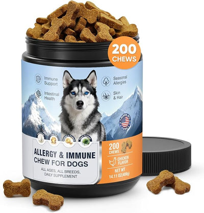 Dog Allergy Chews 200 Ct, Itch Relief for Dogs Immune Support Colostrum Probiotics & Omega 3 for Seasonal All Issues Allergies Skin & Coat, Itchy Skin & Paw Relief Bites, Made in USA Chicken Flavor