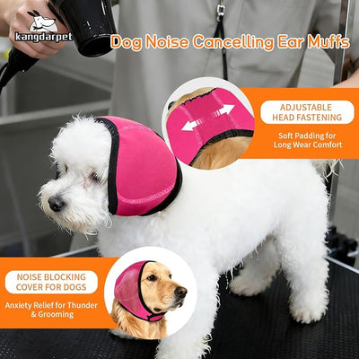 Upgraded Dog Ear Muffs for Noise Protection & Anxiety Relief, Adjustable No Shake Ear Wrap for Firework, Hematoma, Bathing, Swim, Grooming and Force Drying (Fuchsia, M(Head Size:14"-19"))
