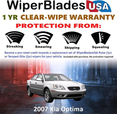 WiperBladesUSA Wiper Blades Set w/ 1yr warranty compatible with Kia Optima 2007 Wipers (Set of 2) Pulse Wipers