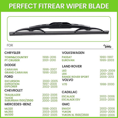 PARRATI® 16 Inch Rear Wiper Blade Replacement for 2002-2006 Escalade Envoy Yukon Tahoe Suburban 1500/1996-2020 Dodge Grand Caravan/1998-2000 Volvo V70,All-Season Windshield Wiper(16-T)