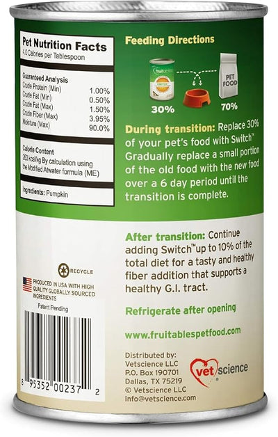 Fruitables Switch Fresh Pumpkin Blend Fiber Supplement for Cats & Dogs, 15 oz Cans Pack of 4 | Pumpkin Meal Topper for Food Transitions and Everyday Digestive Routine Support