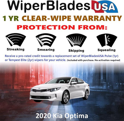 WiperBladesUSA Wiper Blades Set w/ 1yr warranty compatible with Kia Optima 2020 Wipers (Set of 2) Pulse Wipers