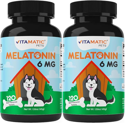 Vitamatic Melatonin for Dogs – 6 mg – 120 Chewable Tablets (Pack of 2) Beef Flavored – Natural Calming Support – Non-Habit Forming – Veterinarian Formulated