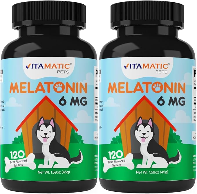 Melatonin for Dogs – 6 mg – 120 Chewable Tablets (Pack of 2) Beef Flavored – Natural Calming Support – Non-Habit Forming – Veterinarian Formulated