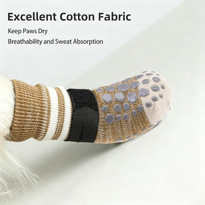 PUPTECK Anti-Slip Dog Socks with Double Sides for Small Medium Large Dogs Hardwood Floors Prevents Licking, Dog Shoes for Hot Pavement Traction Control Paw Protector for Senior Dogs, Striped Khaki S