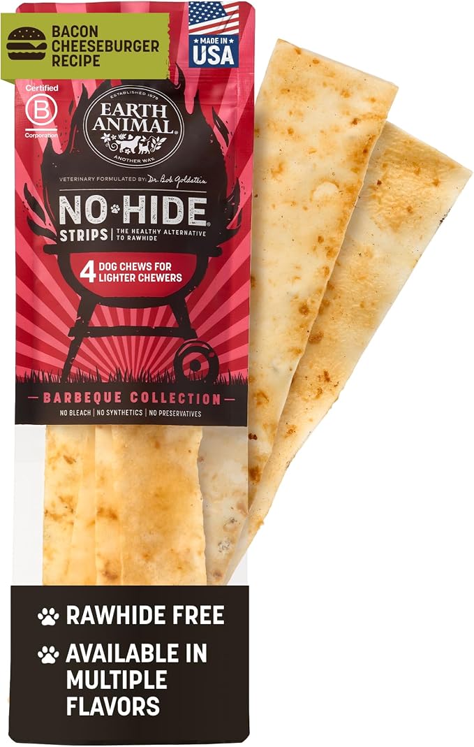 No Hide Strips - Natural Rawhide Free Dog Chew Strips, Barbeque Bacon Cheeseburger - 4 Count