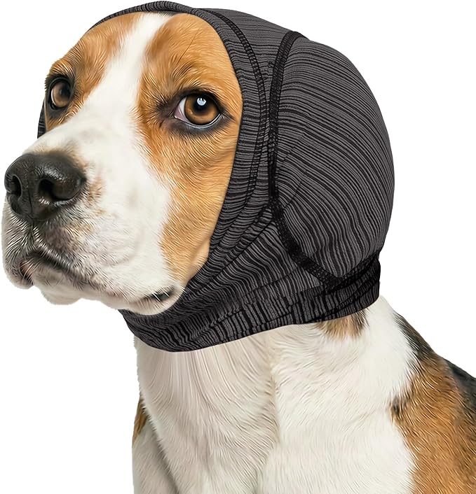 Dog Calming Hoodie & No Shake Ear Wrap for Hematoma, Bathing, Drying Swim& Noise Anxiety Relief - Elastic Quiet Ear Protector with Ear Muffs Design for Grooming/Head Ear Cover (Grey, M)