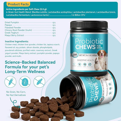 Probiotics for Dogs, 200 Soft Chews with Digestive Enzymes and Prebiotics, Daily Digestive Support for Gut Health and Stool Balance, Chicken Flavor