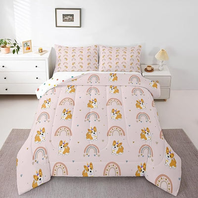 Dog Comforter Set for Kids, Cute Pug Rainbow Bedding Set Twin, Cartoon Love Heart Down Comforter for Boys Girls Children Bedroom, Cartoon Animal Puppy Quilted Duvet 2Pcs with 1 Pillow Case, Pink